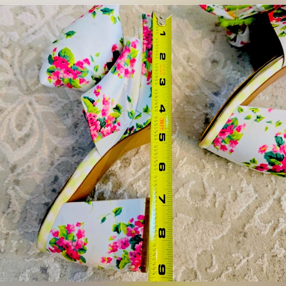 Betsey Johnson Pink, White & Green Floral with Jewel Mules & Chunky Heels - Picture 11 of 14